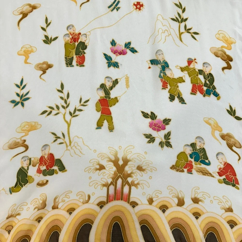 Vintage 100% Silk Scarf Chinoiserie Children Playing Print Ivory Multi 67x20